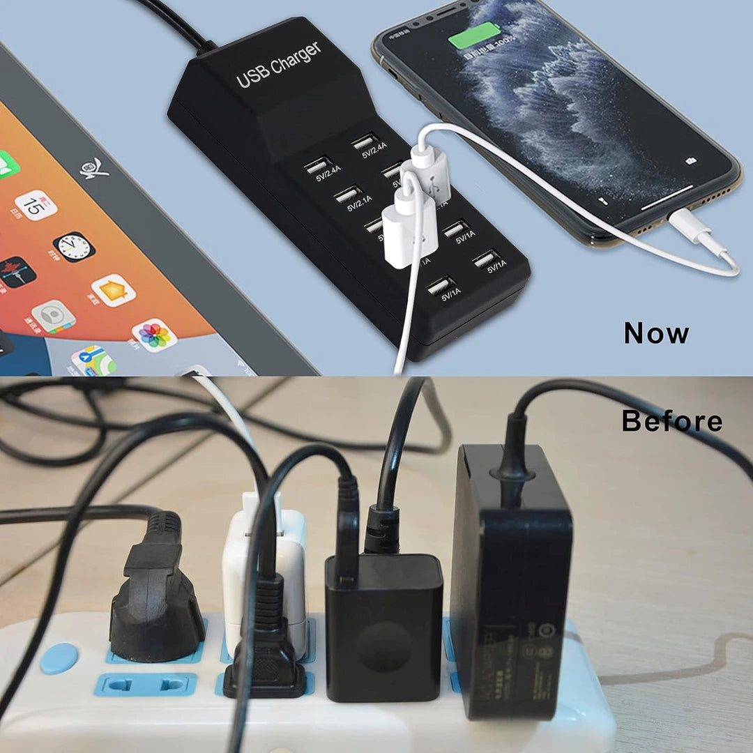 10-port USB charging dock by Chronos Lights, made in Mumbai for tech-savvy users needing compact power solutions.            |