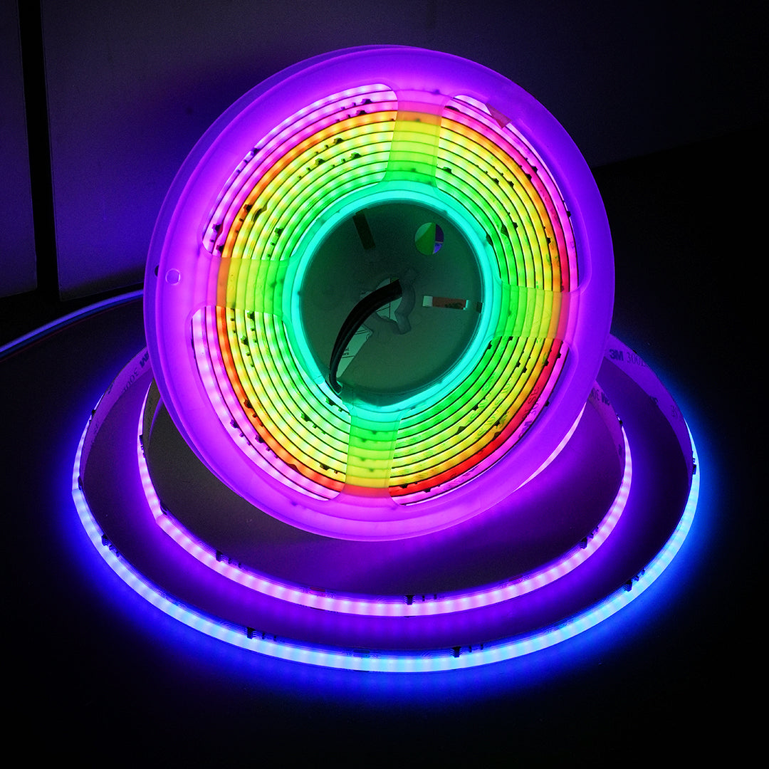 12V RGBIC LED strip designed in 10mm width, showcasing its cuttable and connectable features for customized lighting designs.