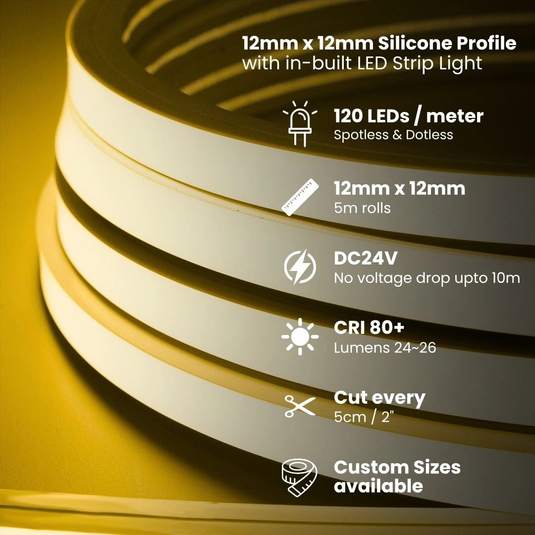 Waterproof silicone neon profile, 12 mm square, IP65.