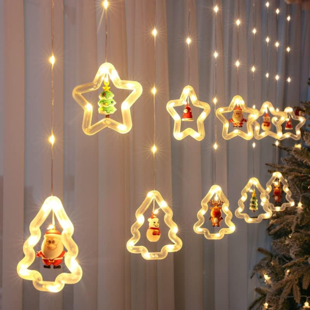 Warm White Christmas Star and Tree Curtain Lights Festive