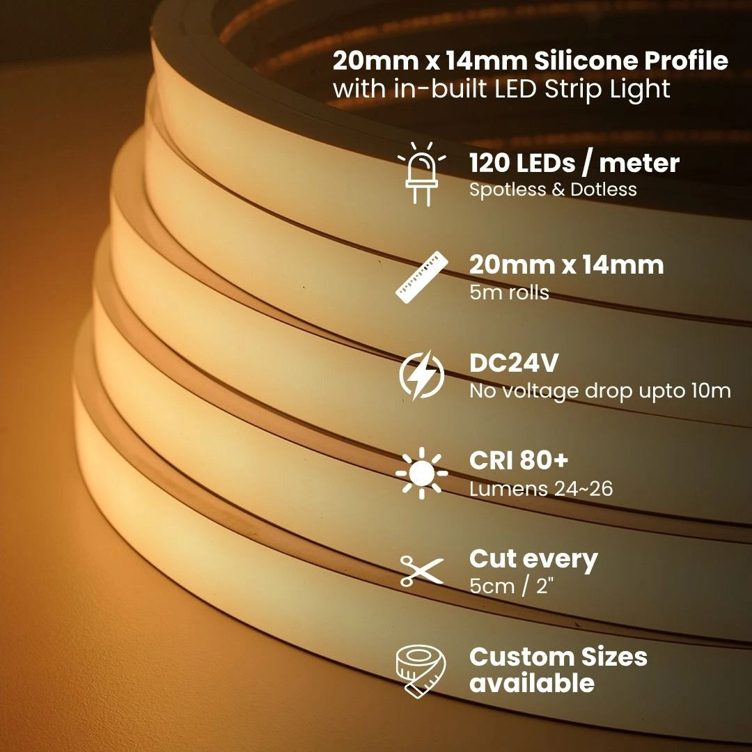 Water resistant 20×14 mm silicone neon profile, IP65.