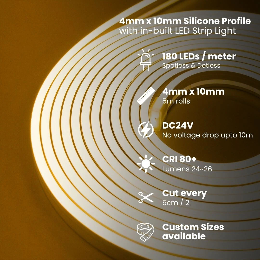 Water resistant 4×10 mm silicone neon profile, IP65.