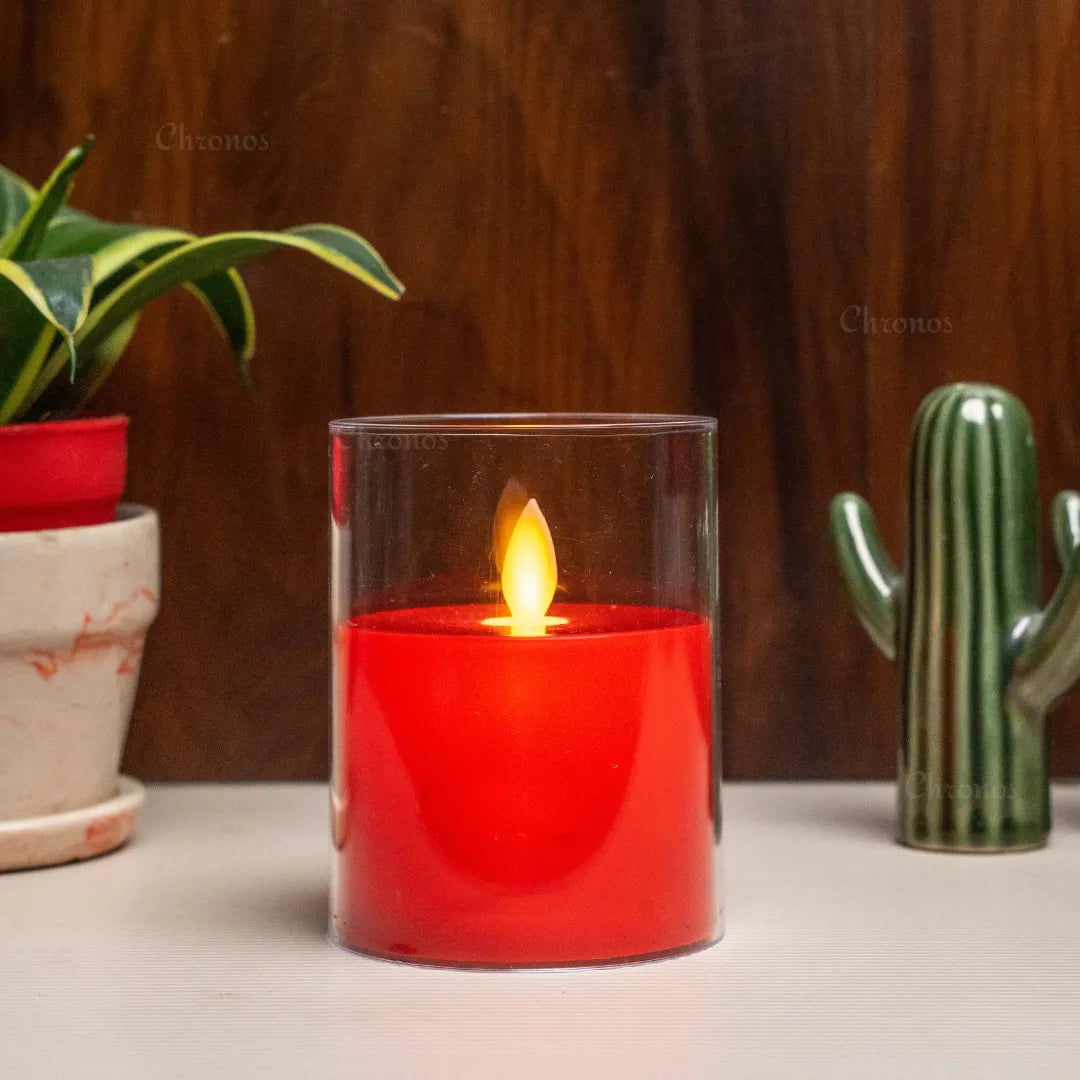 Red flameless LED candle with moving wick technology for festive home décor