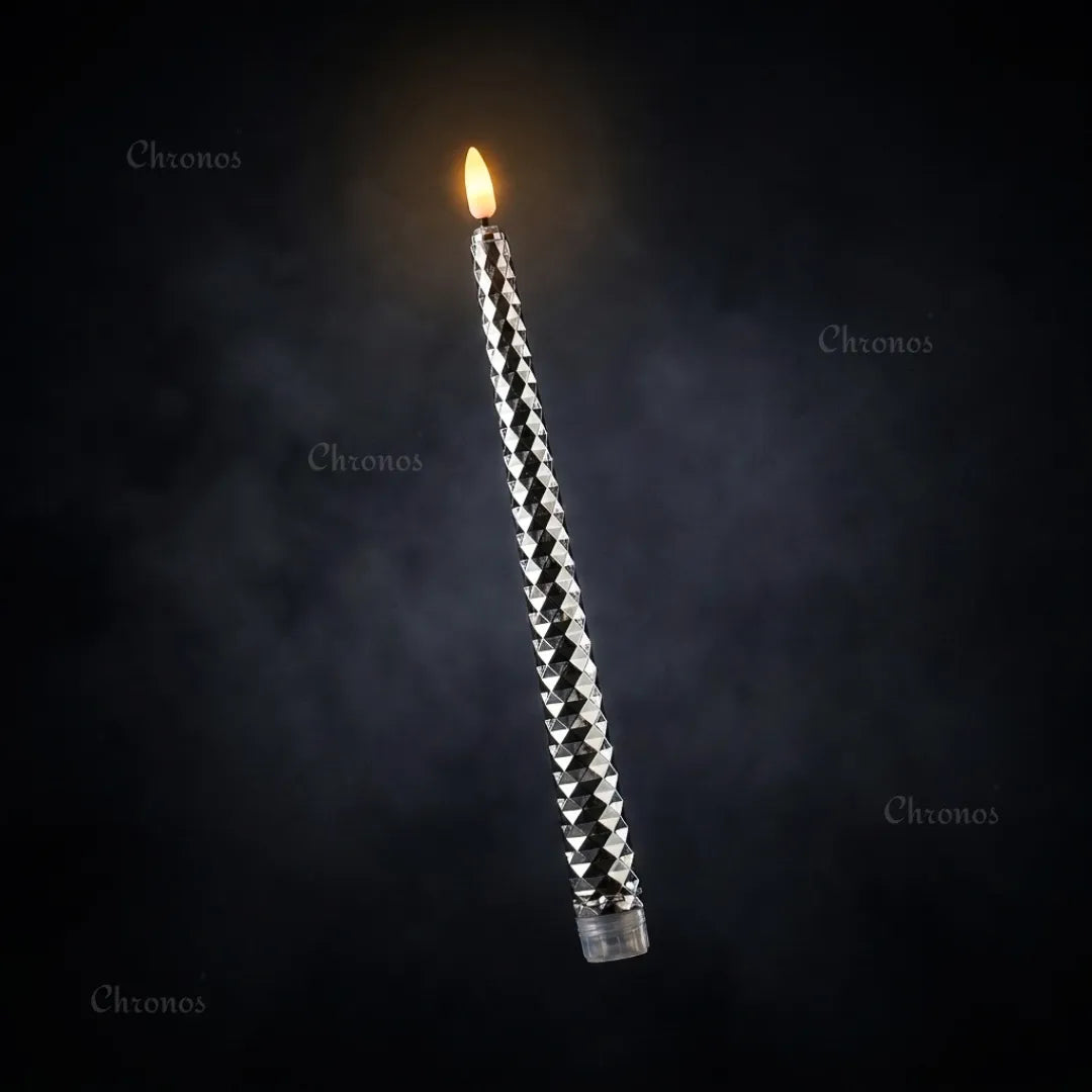 Close-up of diamond-cut metallic finish on decorative LED taper candle