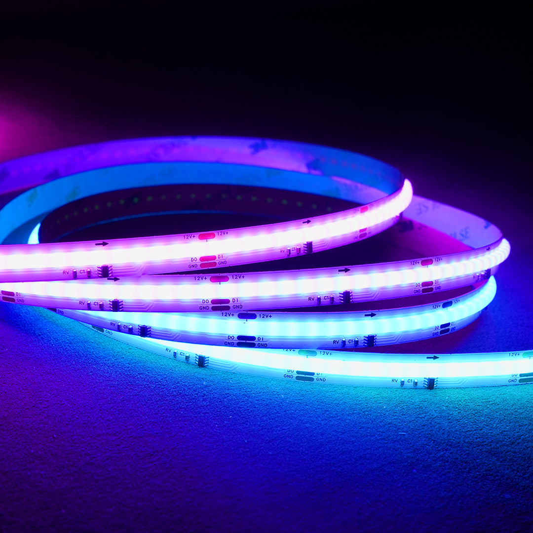 RGBIC COB LED strip creating stunning dynamic effects, perfect for kitchens, bedrooms, home theaters, and festive decorations.