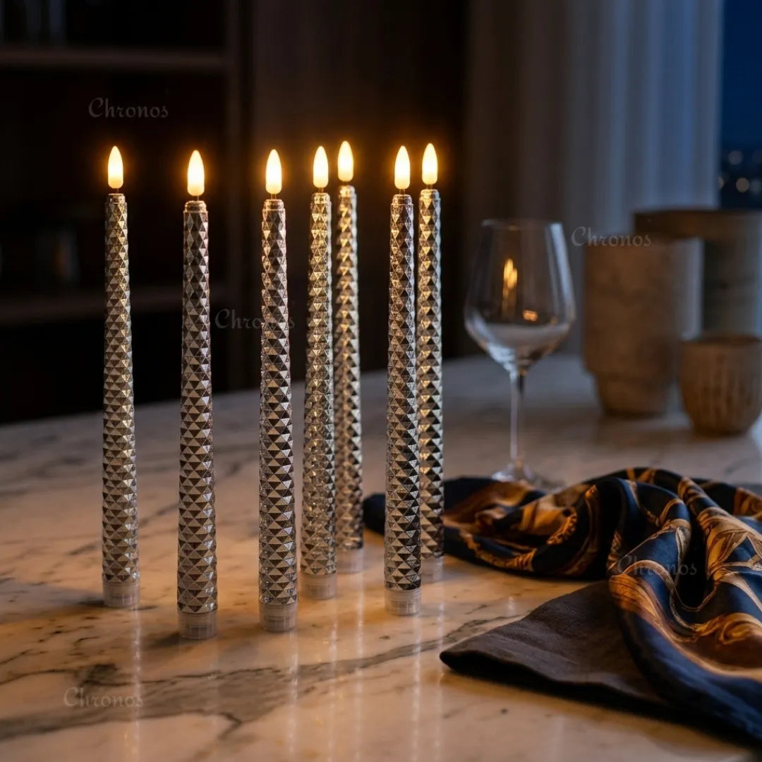 Battery operated LED taper candles decorating an elegant dining table