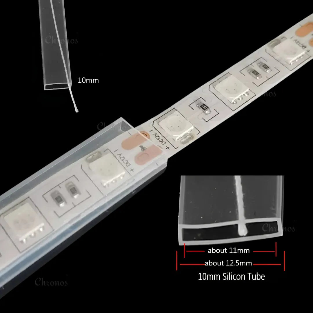 Transparent silicone sleeve protecting LED strip lights from moisture and dust