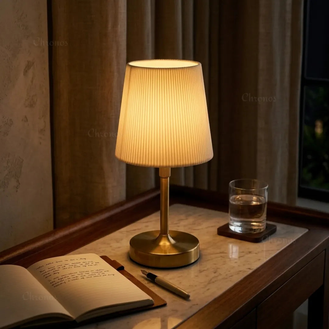 Linea fabric shade rechargeable table lamp with elegant French-inspired design and cordless ambient LED lighting