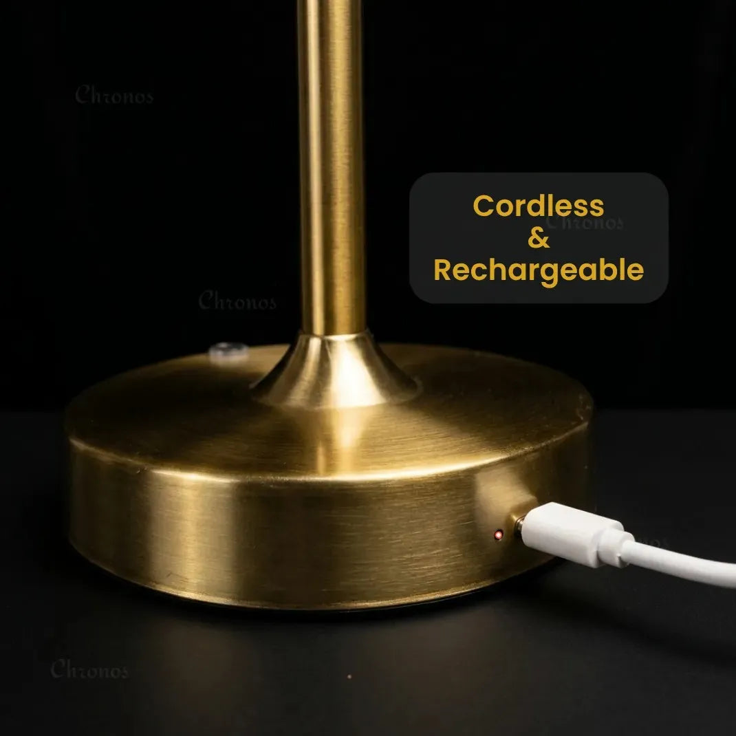 Linea French-style rechargeable table lamp with premium fabric shade and sophisticated decorative design