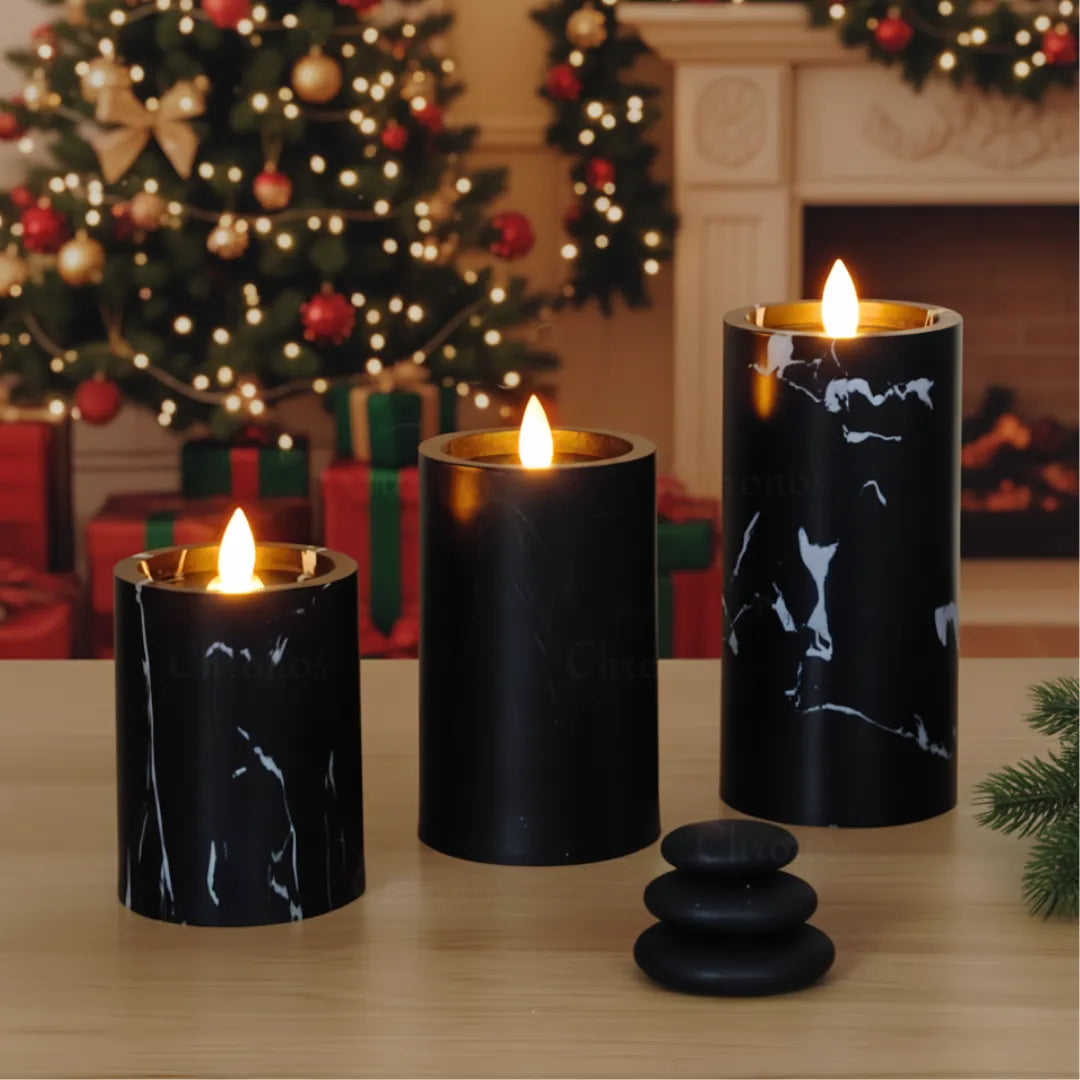 Marble Noir LED Moving Wick Pillar Candle for Christmas