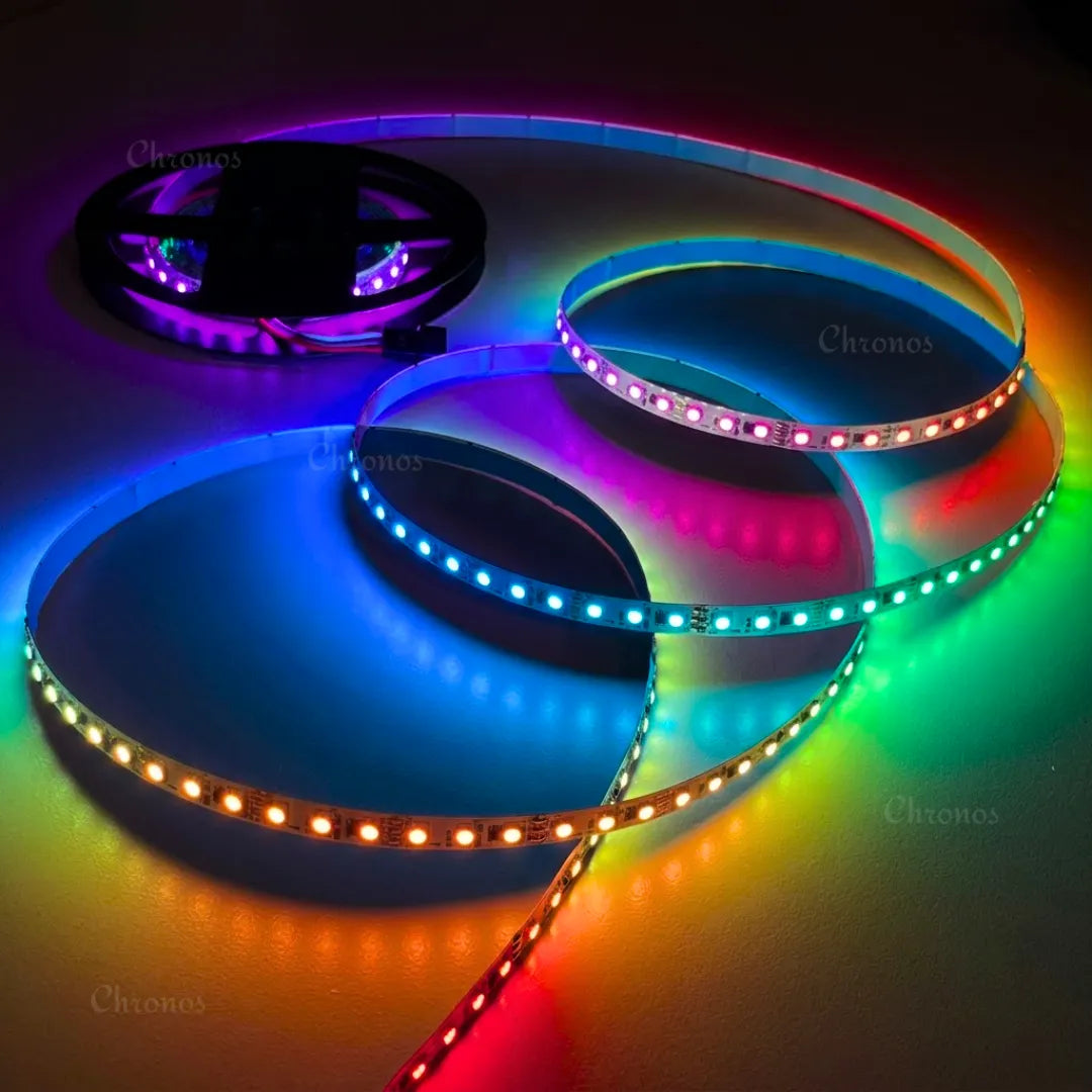 RGBIC LED strip lights for colorful living room accents and ambient illumination.