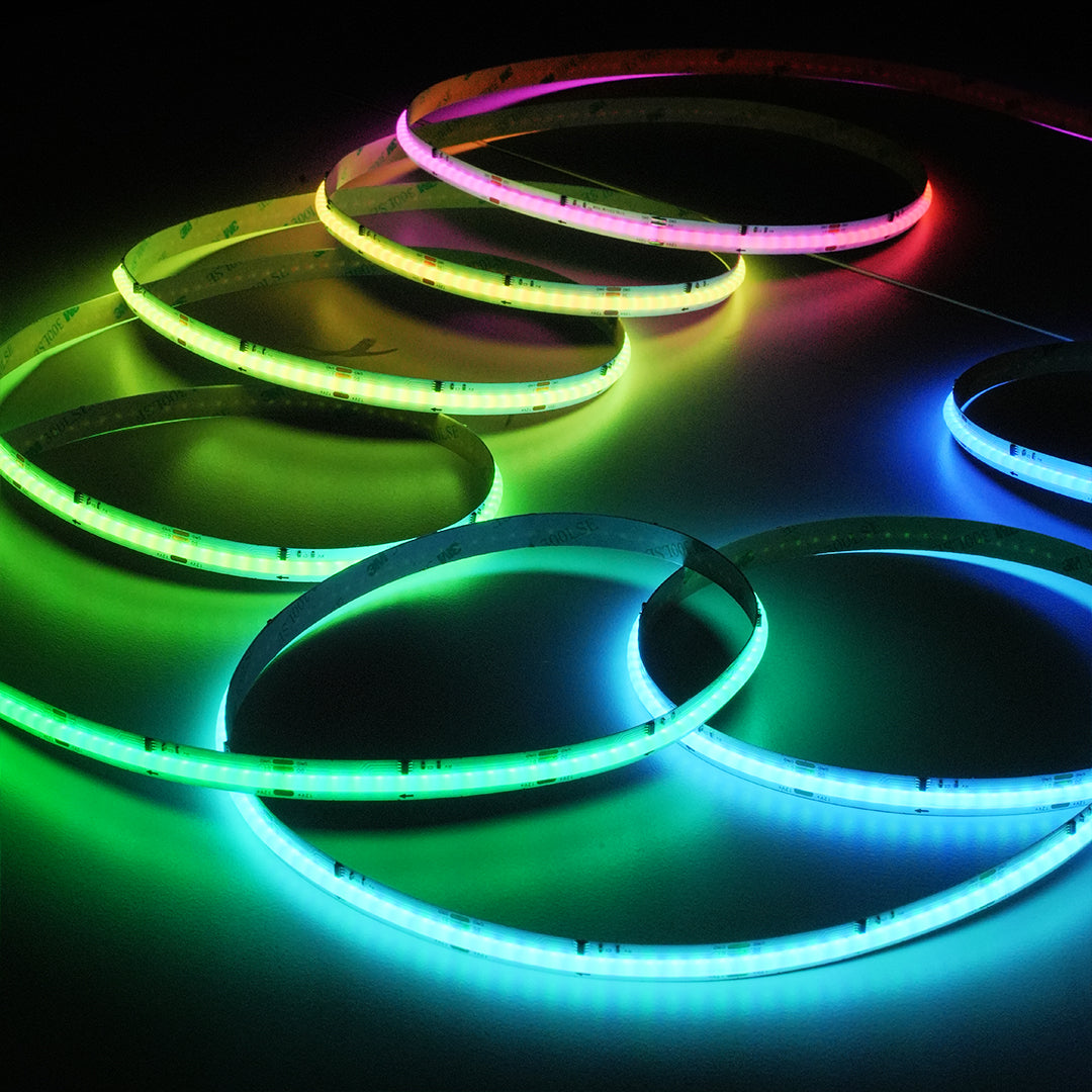 RGB COB LED strip with built-in microphone and music sync technology, changing colors and speed to match music rhythms.