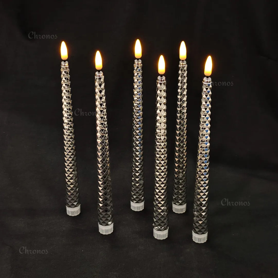 Warm white LED taper candles creating romantic candlelight dinner ambience