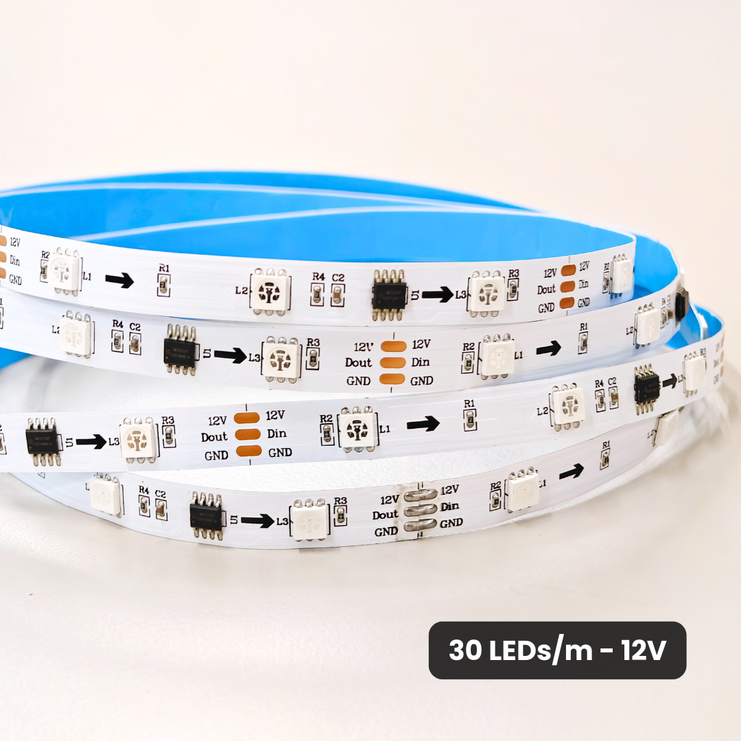 WS2811 addressable RGBIC LED strip lights featuring multicolor 5050 SMD RGB LEDs.