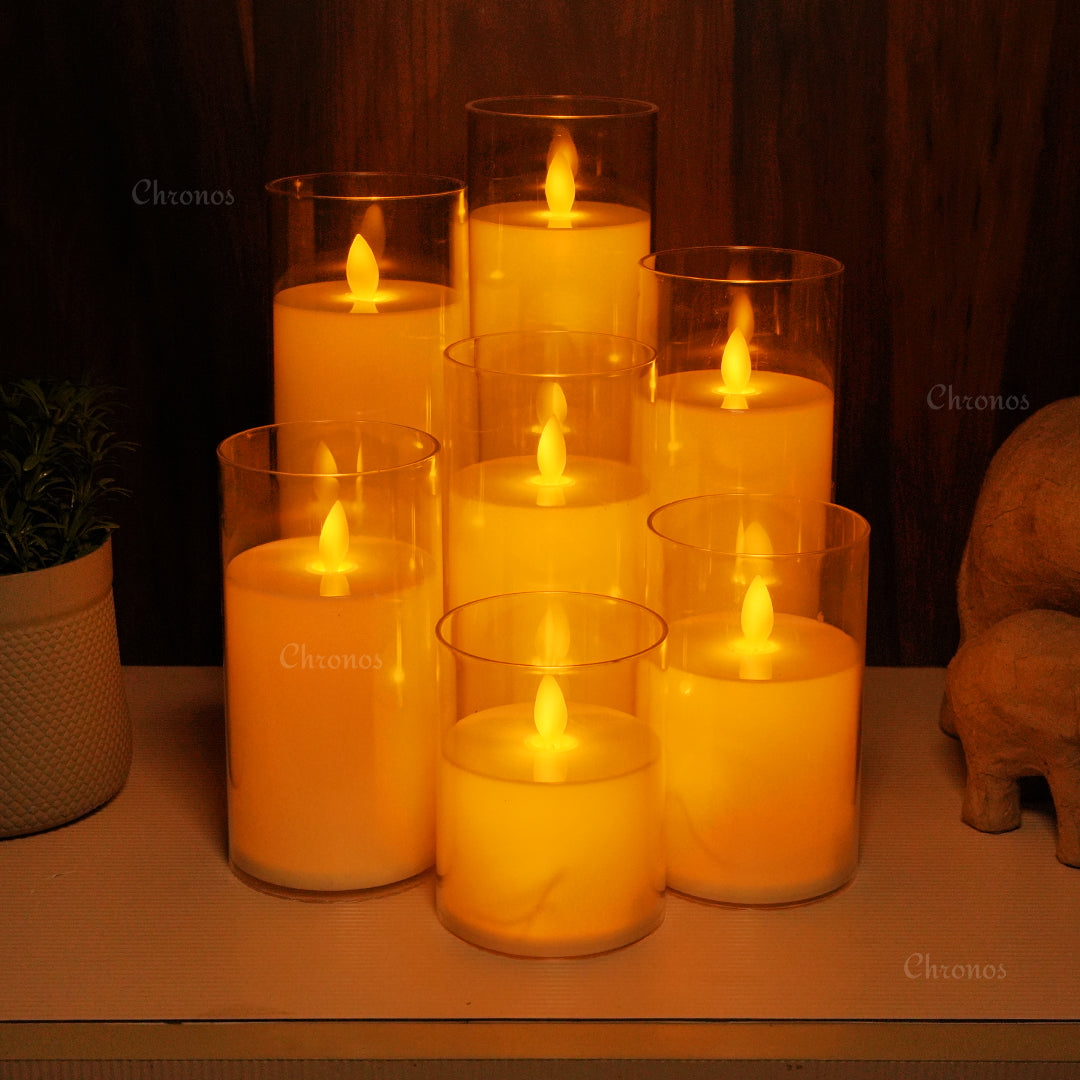 Acrylic Glass LED Moving Flame Pillar Candle with realistic flickering wick for home and festive décor