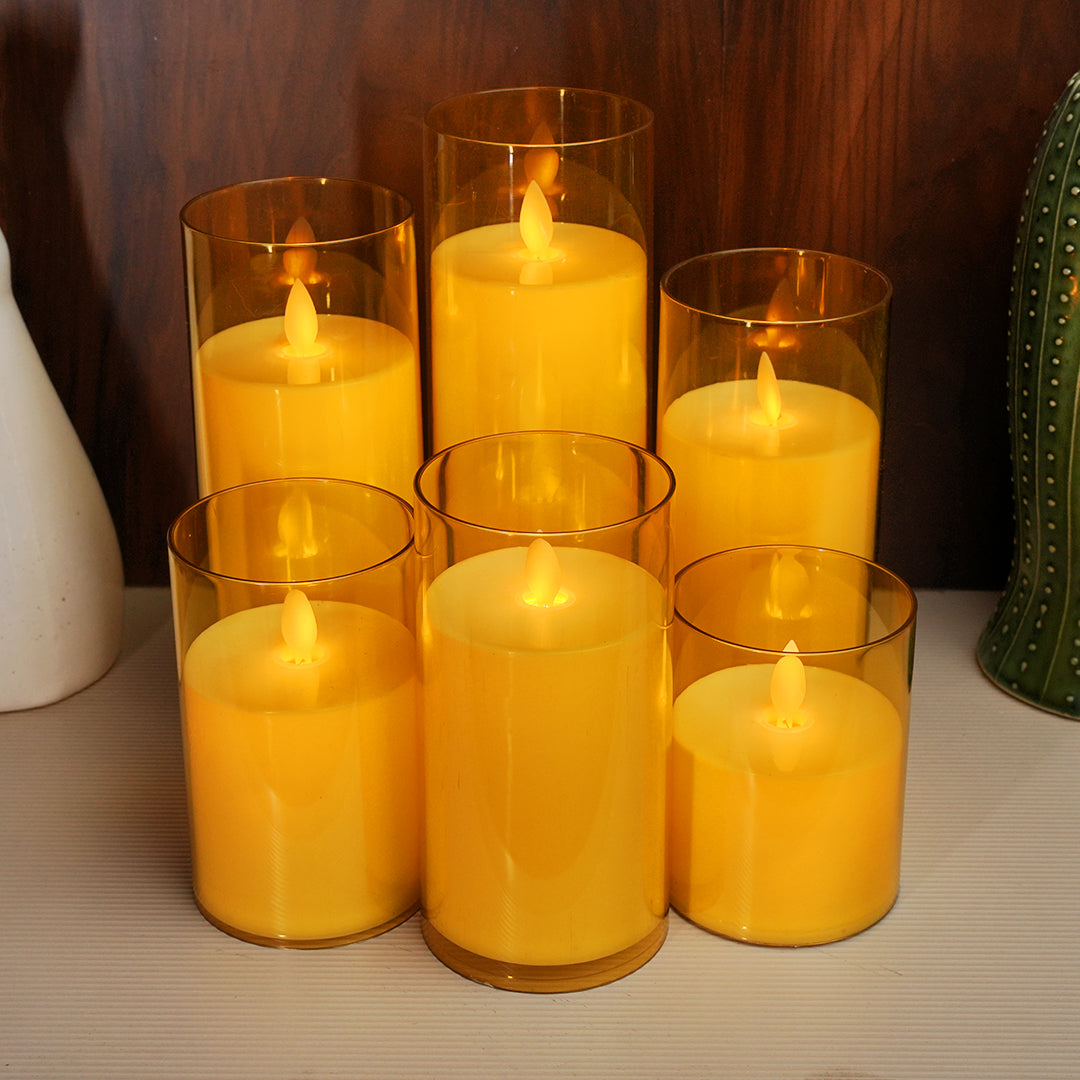 Acrylic Golden Glass Flameless LED Pillar Candle with warm flickering flame for safe and elegant lighting