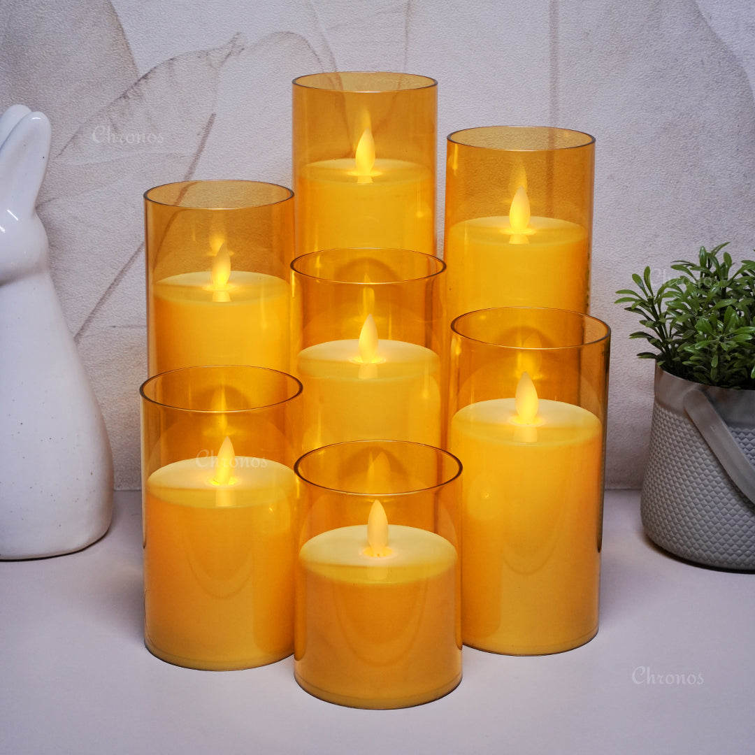 Elegant Acrylic Golden Glass LED Pillar Candle with moving flame effect for home décor and events