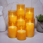 Elegant Acrylic Golden Glass LED Pillar Candle with moving flame effect for home décor and events