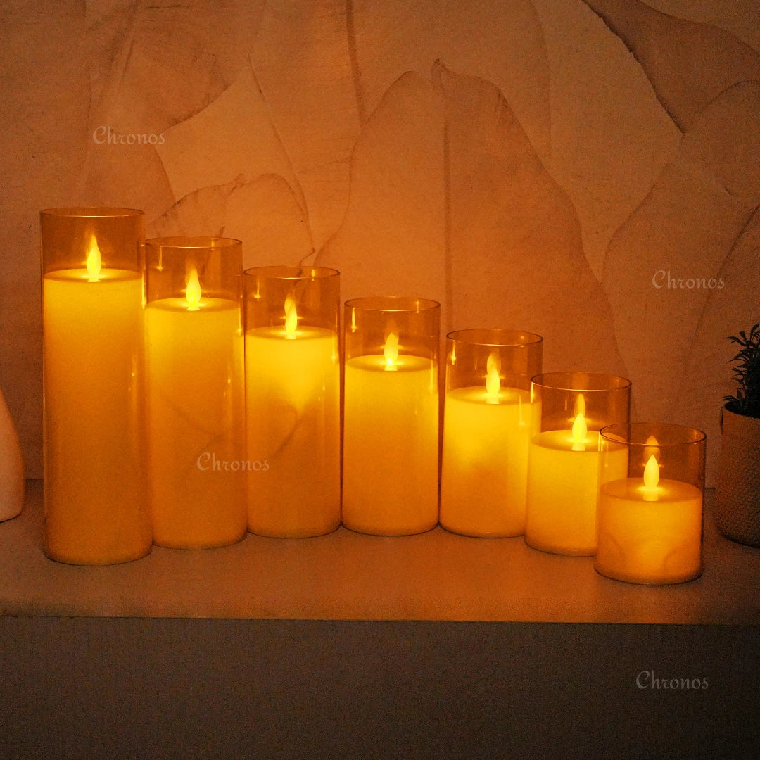 Battery-operated Acrylic Golden LED Candle with moving wick flame effect for cozy ambiance