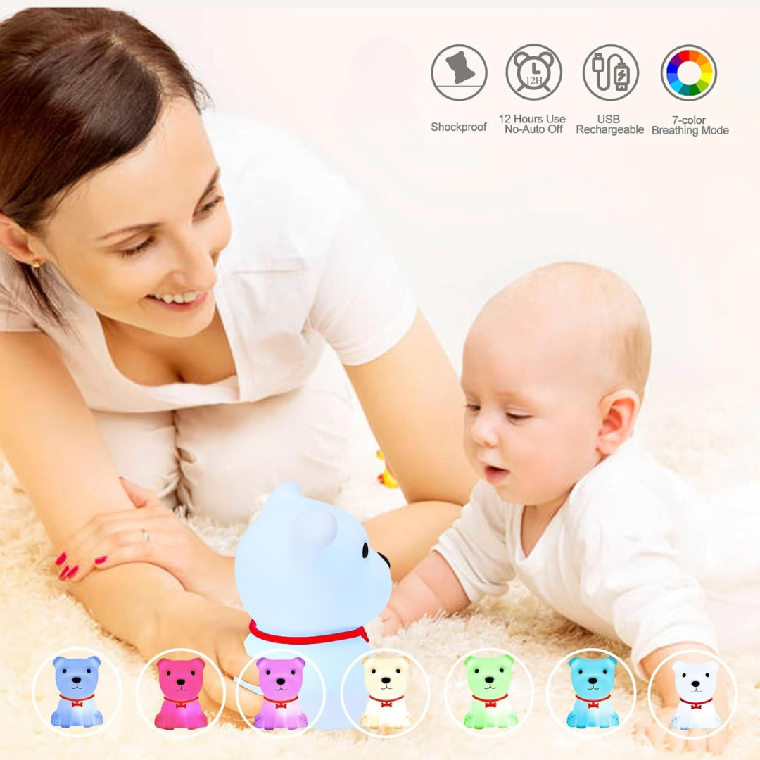 Adjustable brightness night light for children’s rooms, with soft and colorful lighting.