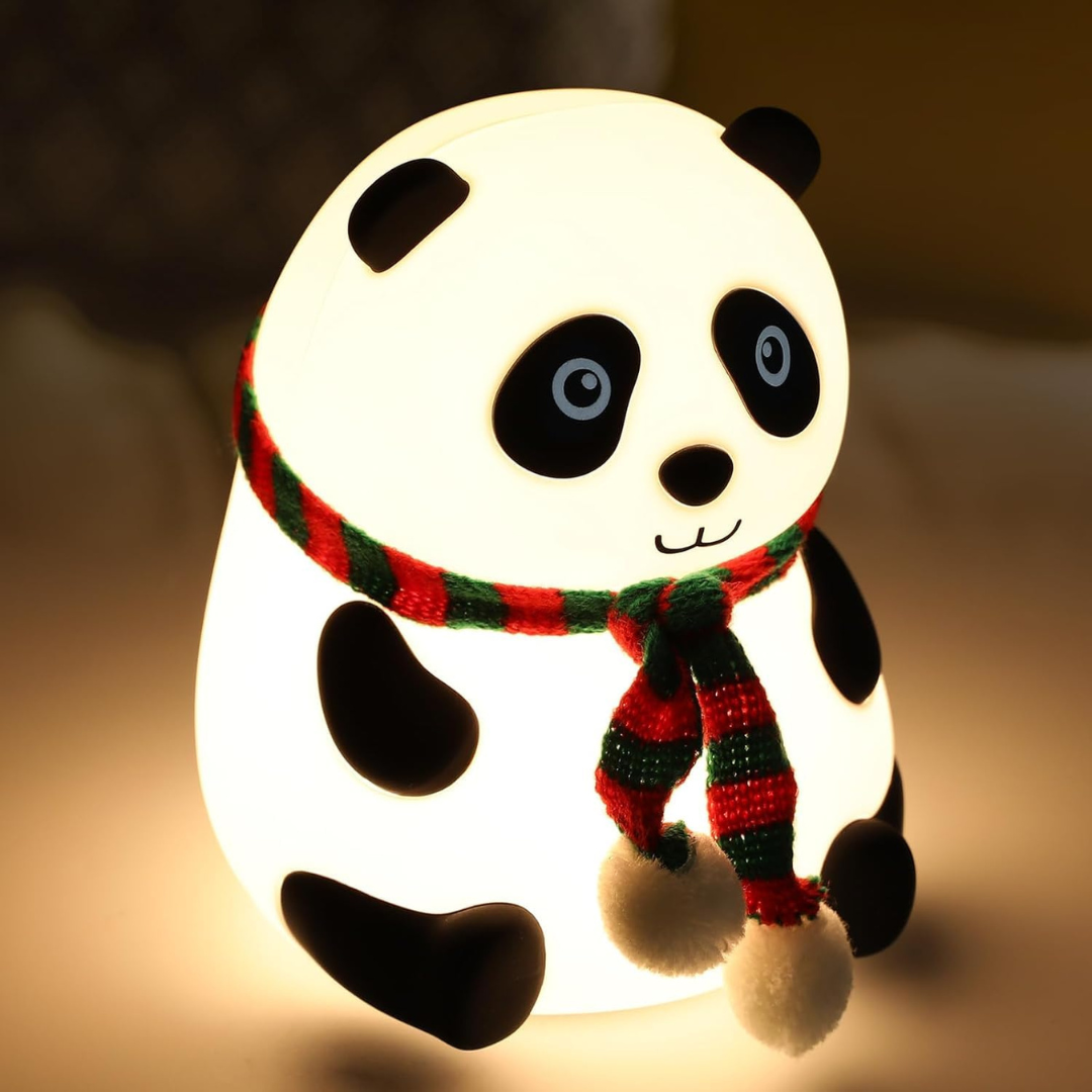 Adorable silicone panda lamp designed as a bedside night light for children.