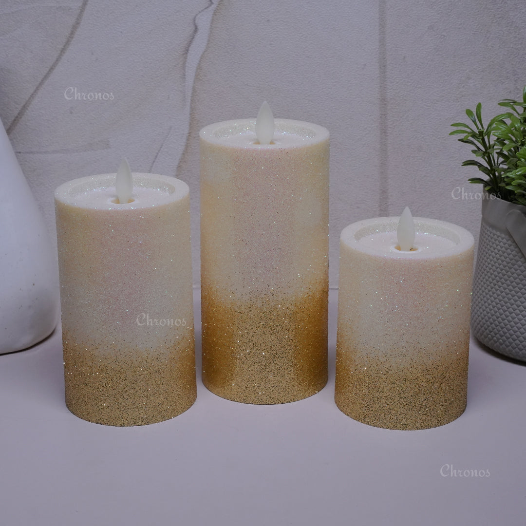 LED glitter candle powered by AAA batteries, featuring safe flameless design with glitter-coated body for elegant lighting.