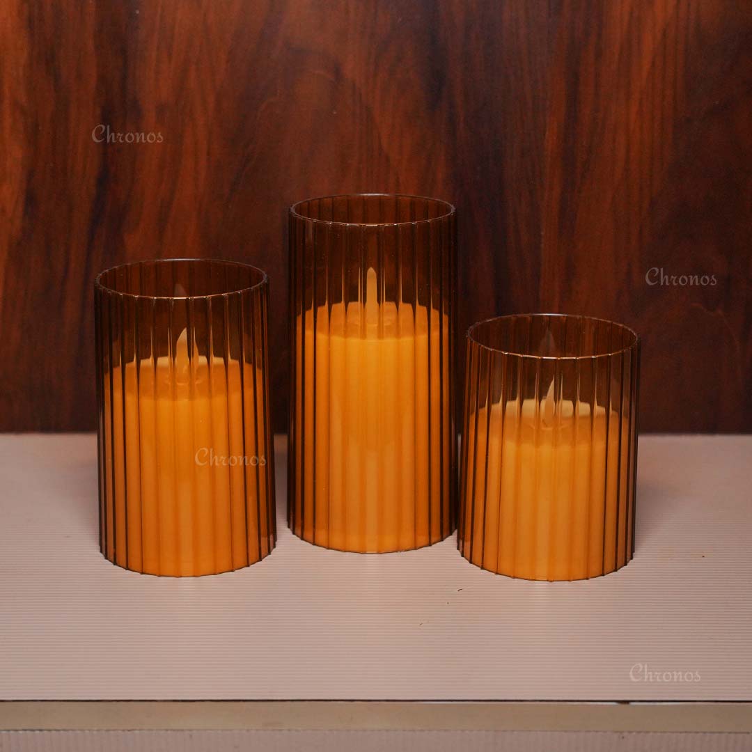 Brown Pleated LED Flameless Pillar Candle with moving wick – Safe and stylish acrylic design – Chronos Lights