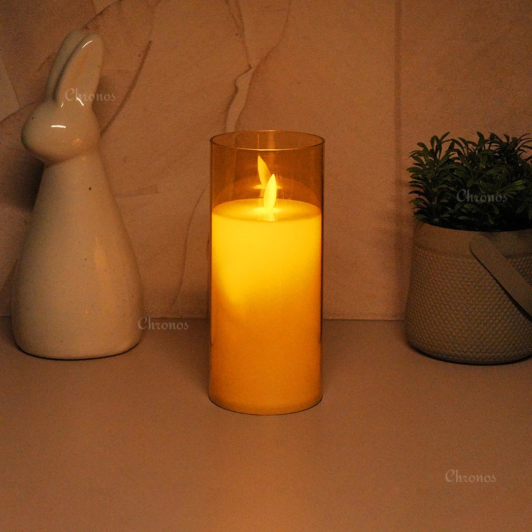 Golden acrylic LED candle with moving flame, ideal for Christmas, New Year, and holiday decorations