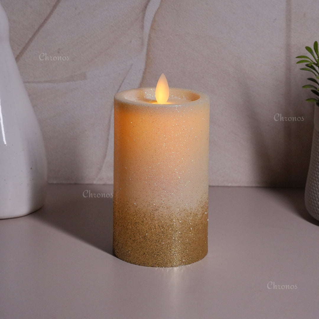 LED glitter candle used in Christmas decor setup, adding shimmering light and charm to holiday festivities indoors.