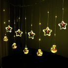 Warm white Christmas star and ball curtain lights, ideal for decorating holiday spaces.