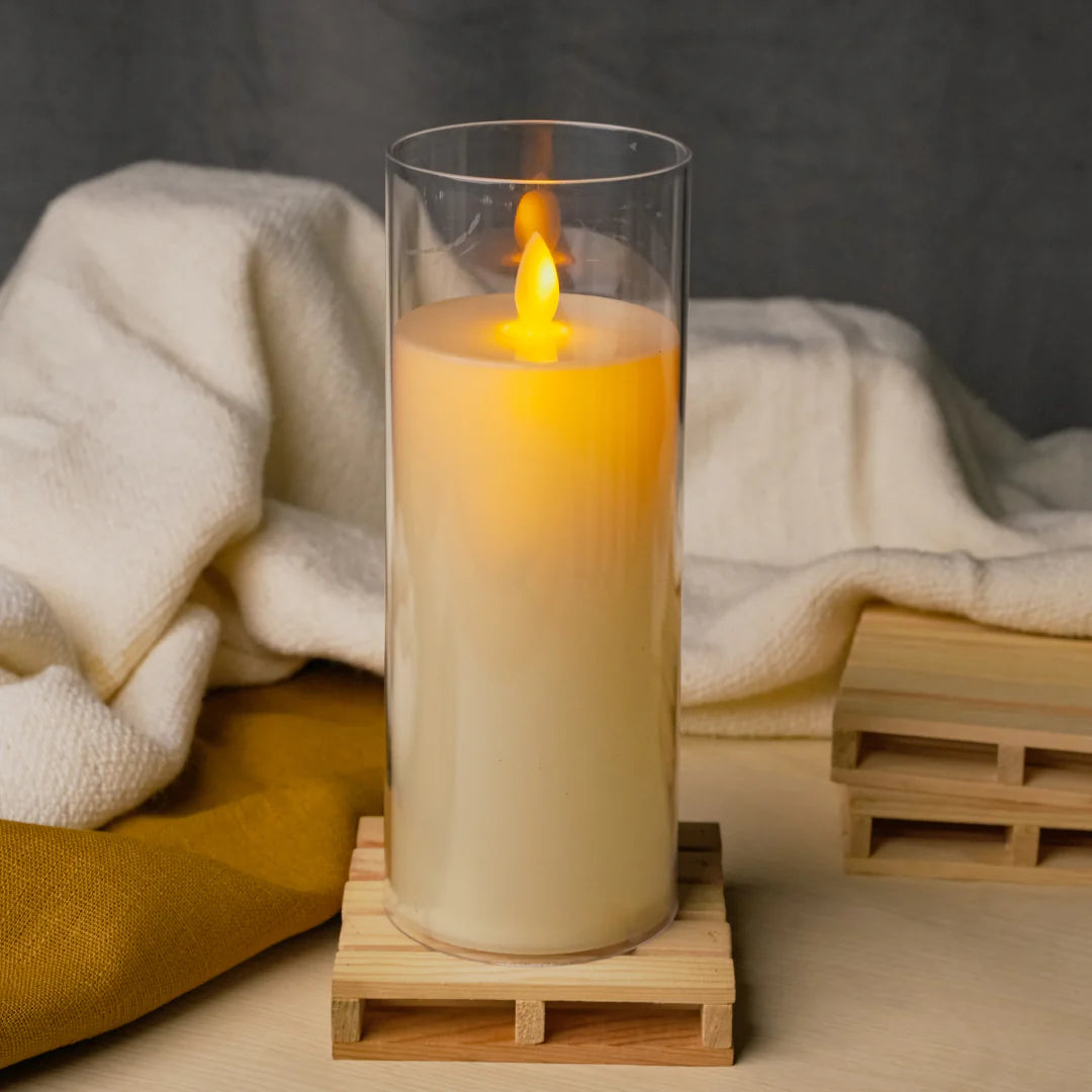 Chronos Acrylic LED Flame Pillar Candle – Long-lasting, battery-powered, realistic moving wick candle