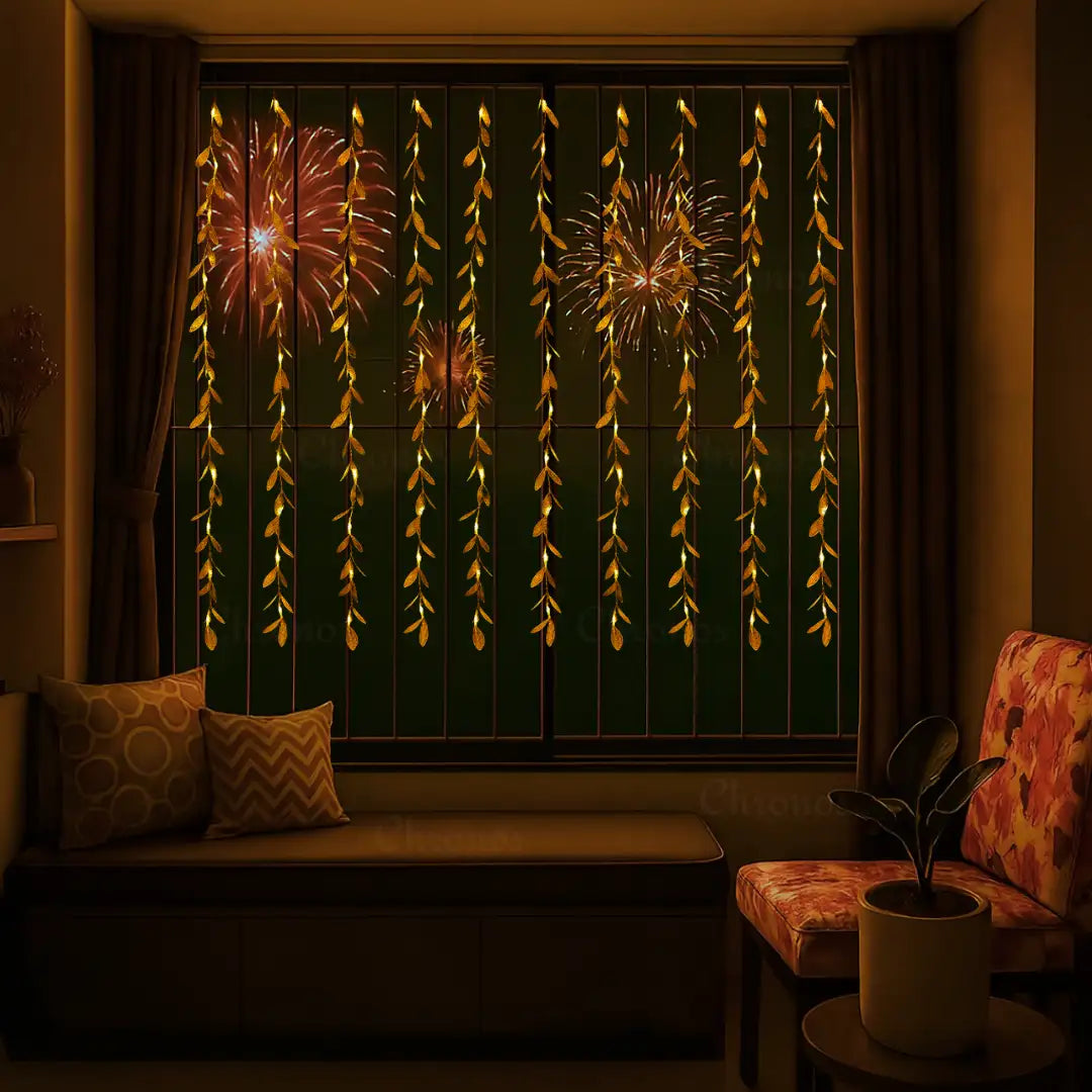 Chronos Lights golden leaves garland curtain lights warm white with 200 LED festive backdrop