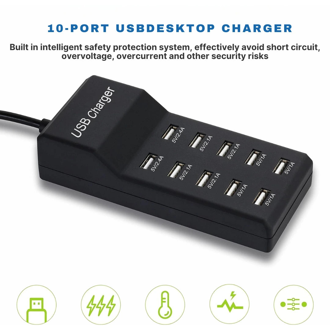 Multi-device USB charging station by Chronos Lights featuring 10 ports and Smart IC for safe, efficient charging.            |