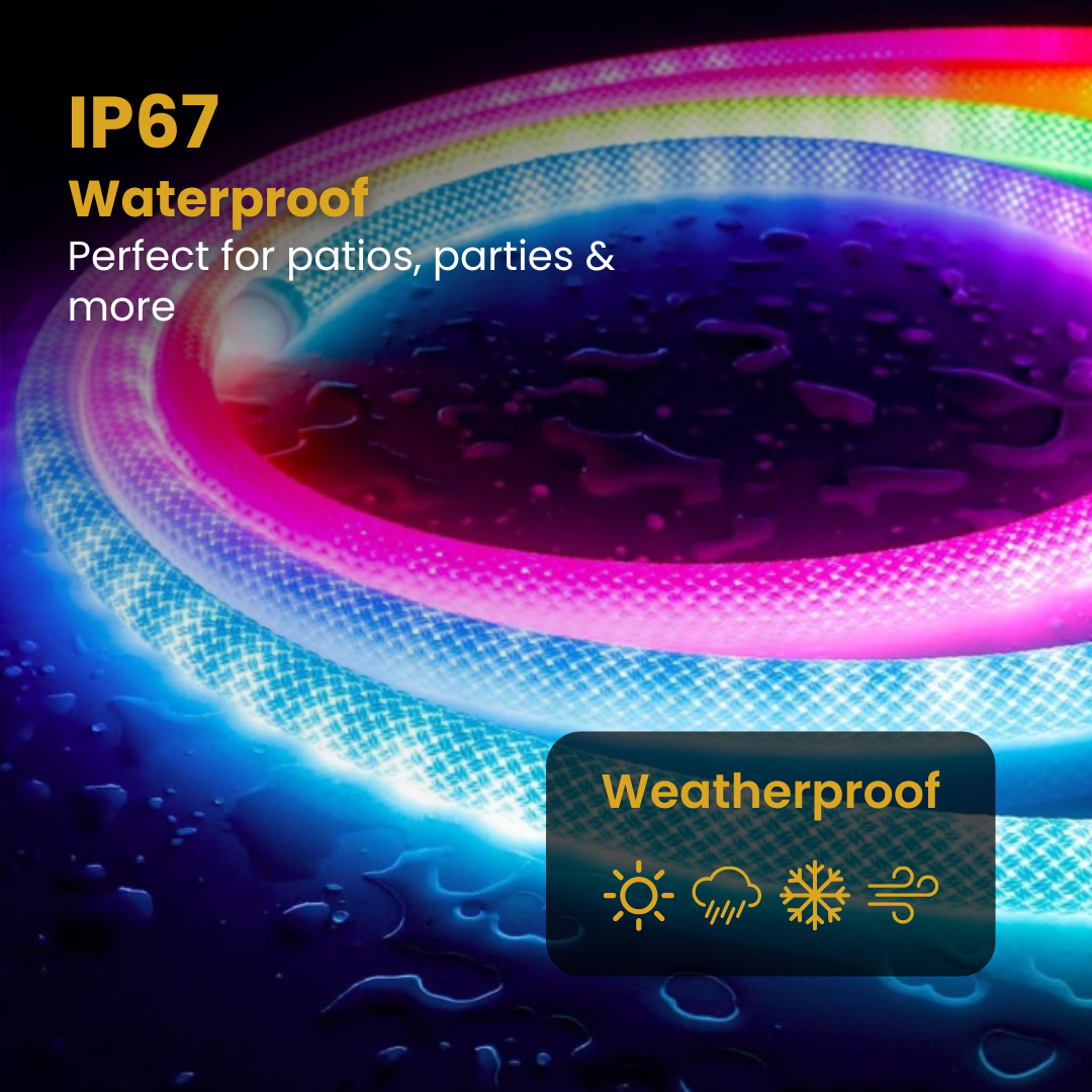 IP67 waterproof RGBIC neon rope light by Chronos Lights for indoor and semi-outdoor use