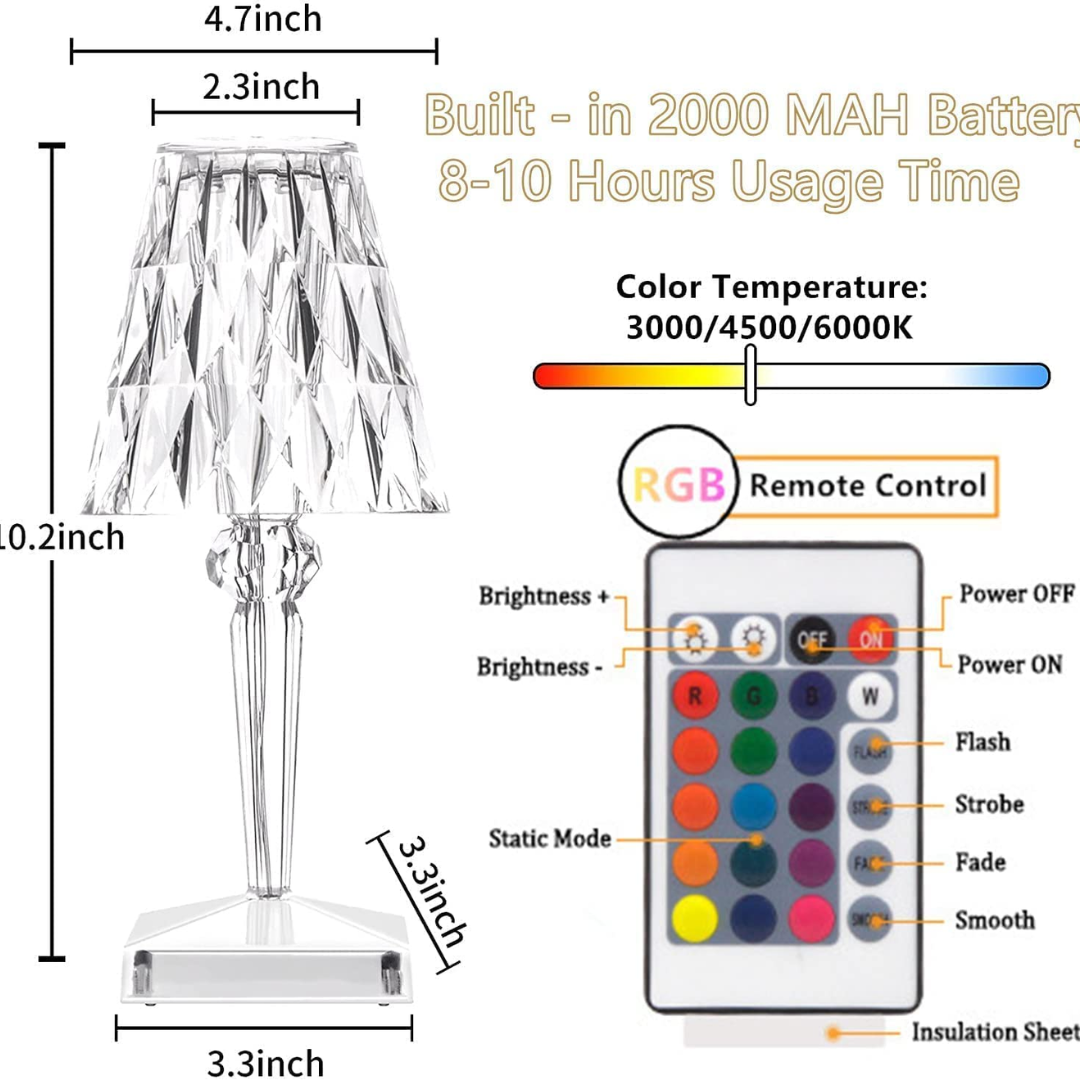 Diamond Reflection Portable LED Crystal Table Lamp RGB Remote control size