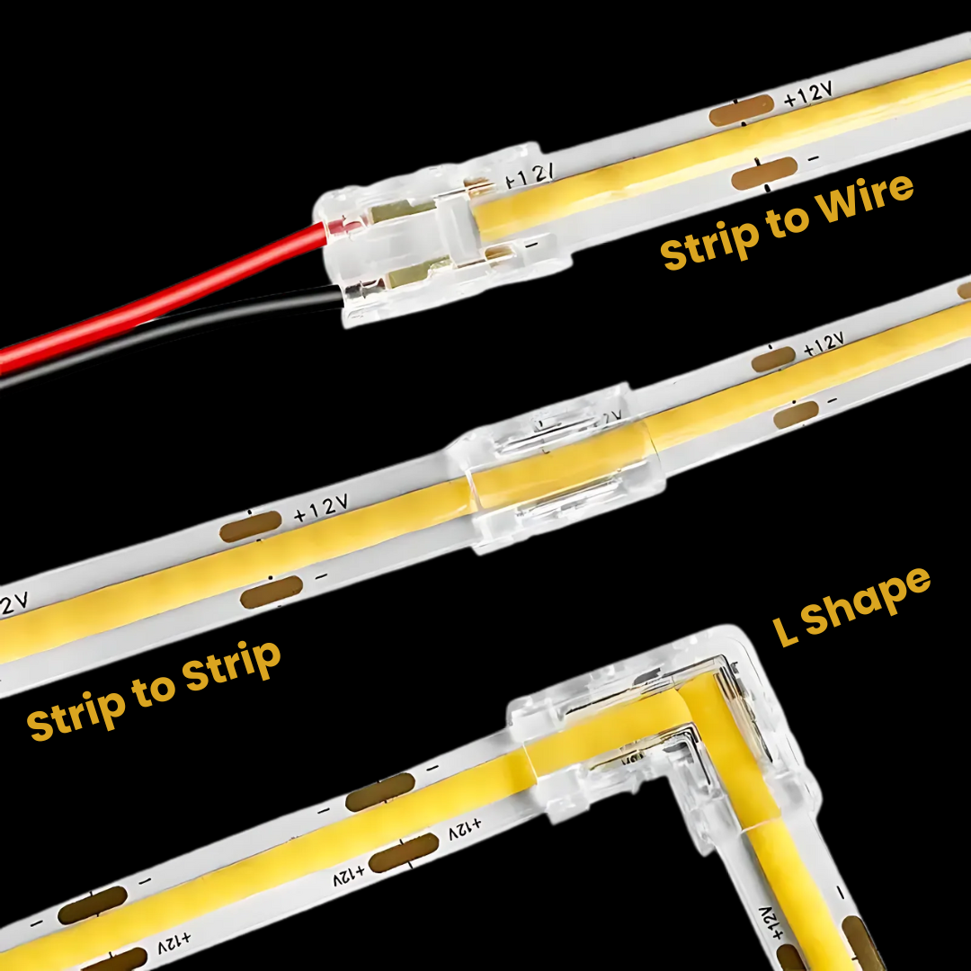 Retail display case with seamless LED strip lighting using connectors.