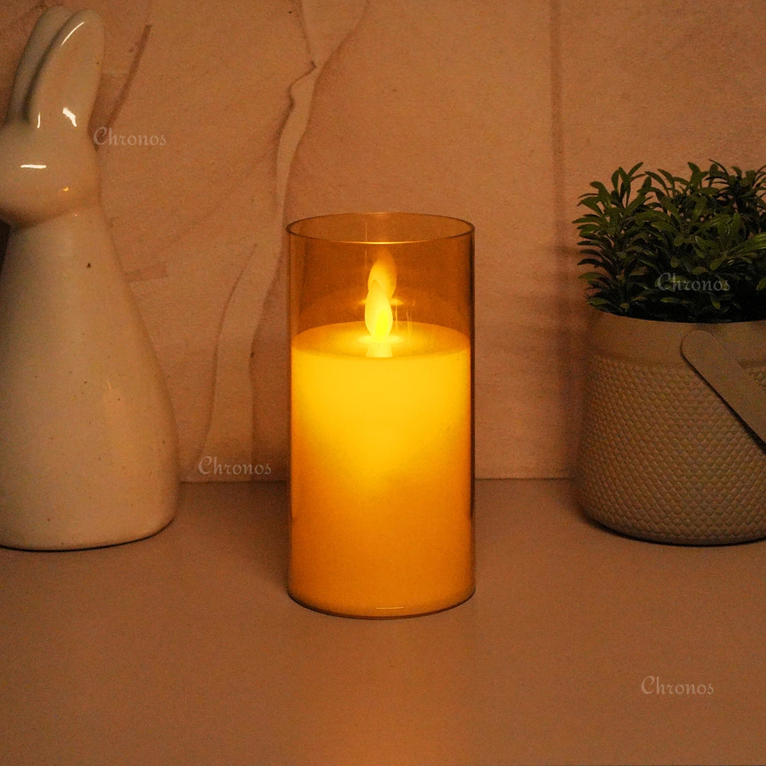 Acrylic Golden Glass LED Pillar Candle perfect for Diwali puja, festive home décor, and celebrations