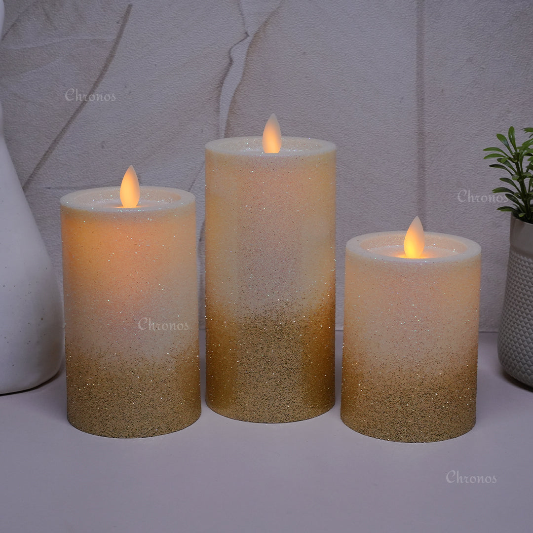Flameless LED glitter candle used in Diwali decoration, offering a safe alternative to traditional candles with no smoke or wax.