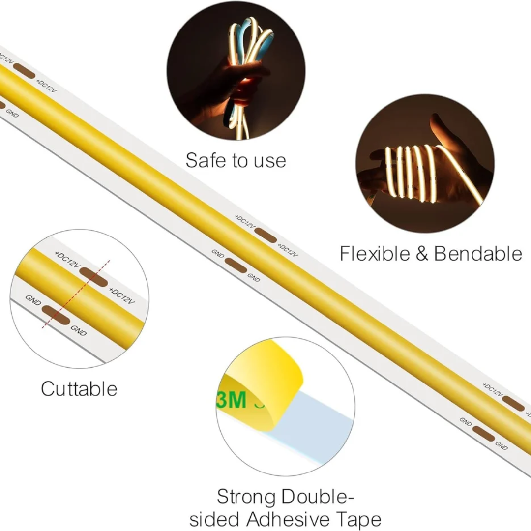 Dotless Amber Yellow COB LED Strip – 8mm, 12V, 320 LEDs/m – Premium Decorative Lighting