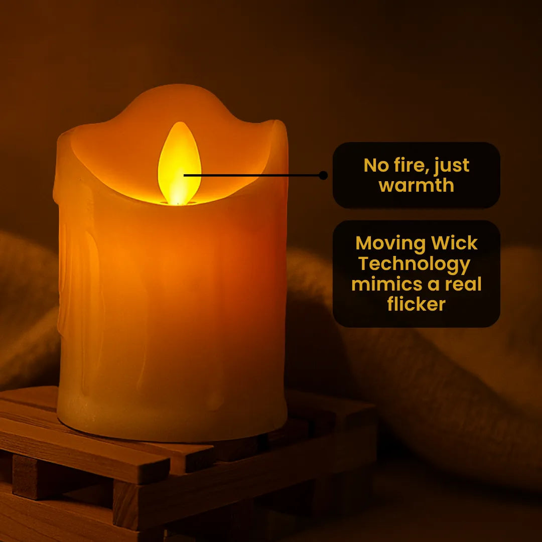 LED pillar candles with dripping wax design and realistic flickering effect