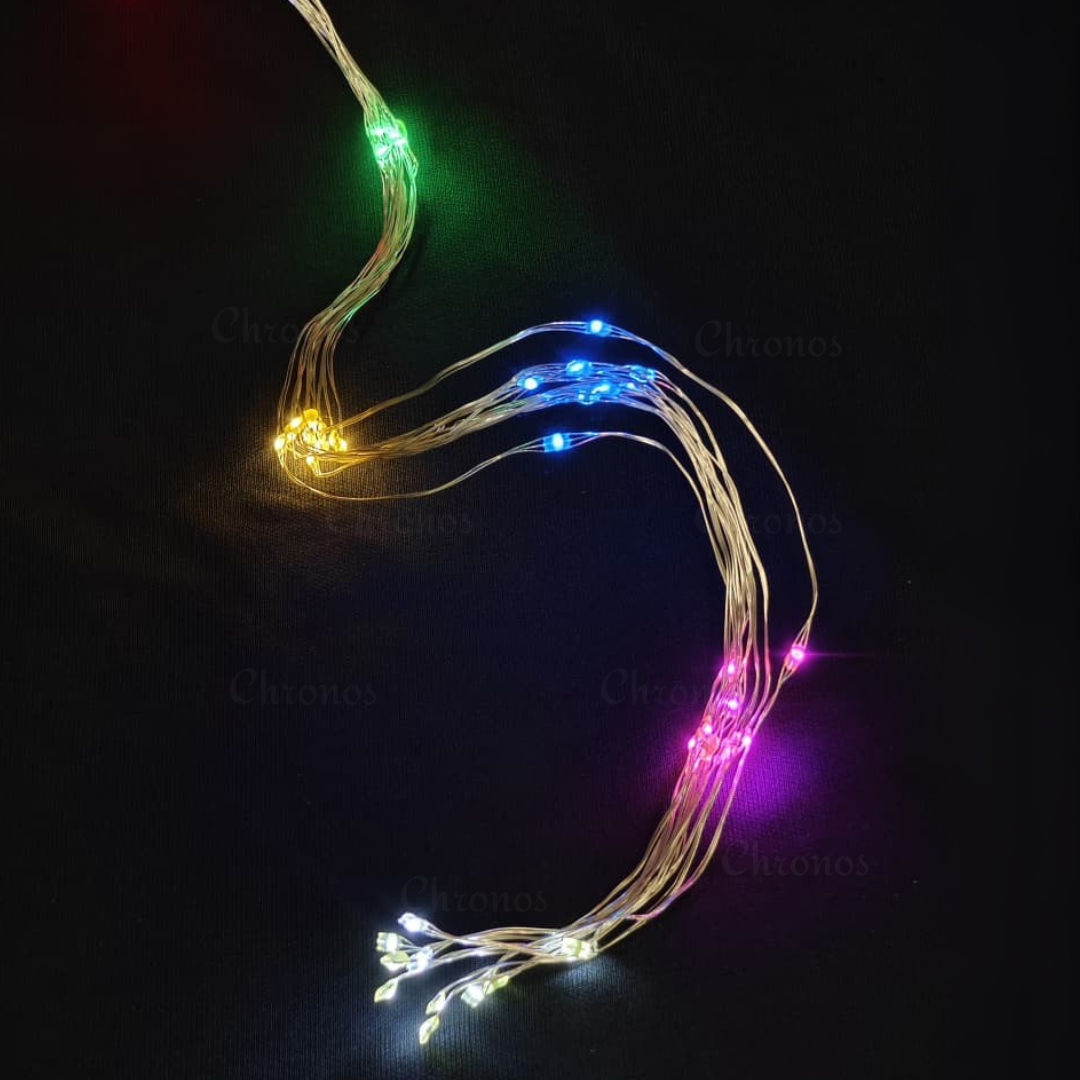 Festive multi color LED string lights with waterfall cascading glow effect