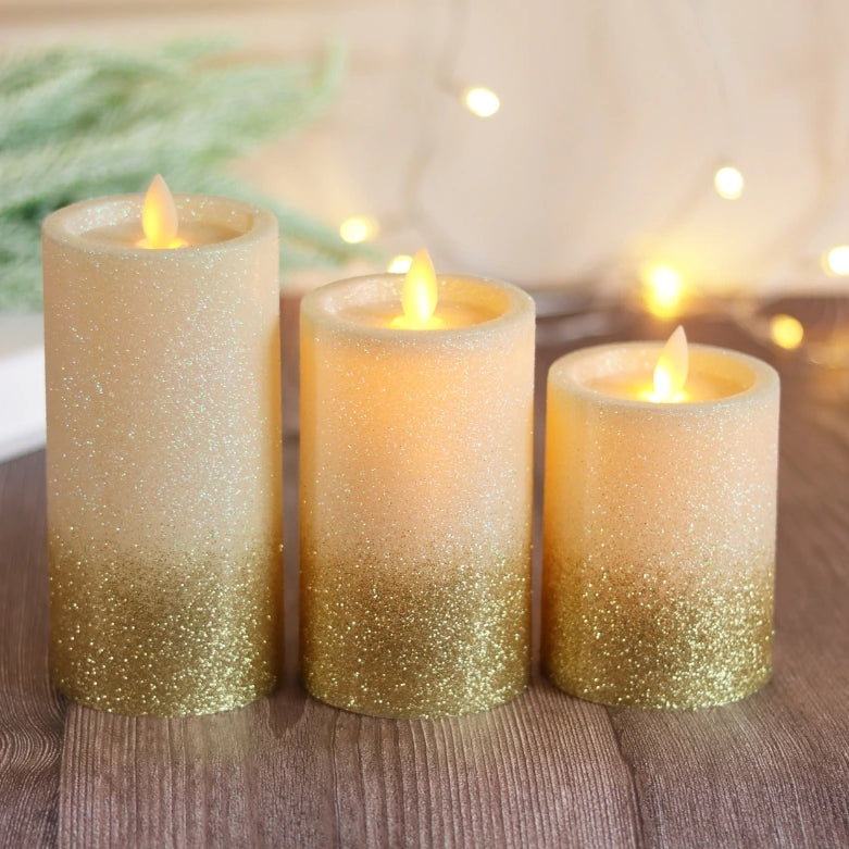 Close-up of a flameless glitter candle with swinging flame tip emitting warm white LED light for festive and romantic settings.