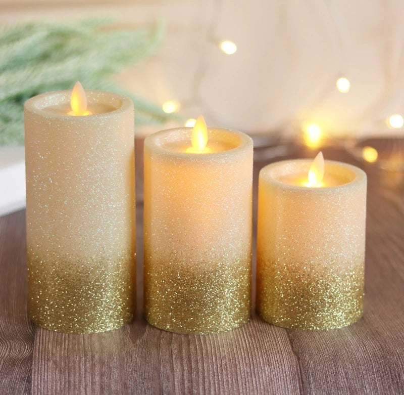 Close-up of a flameless glitter candle with swinging flame tip emitting warm white LED light for festive and romantic settings.