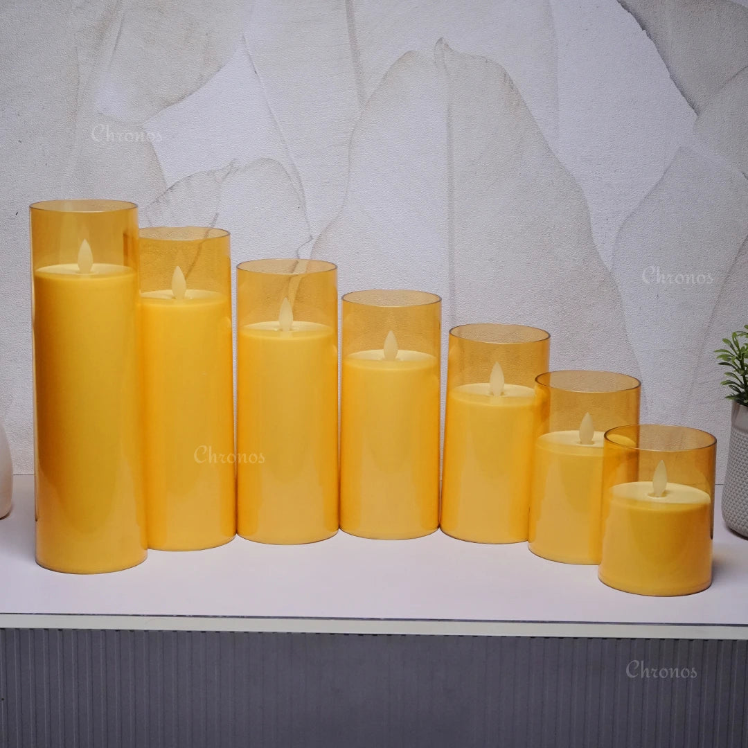 Safe flameless golden glass LED pillar candle for home, temple, and festive decorations