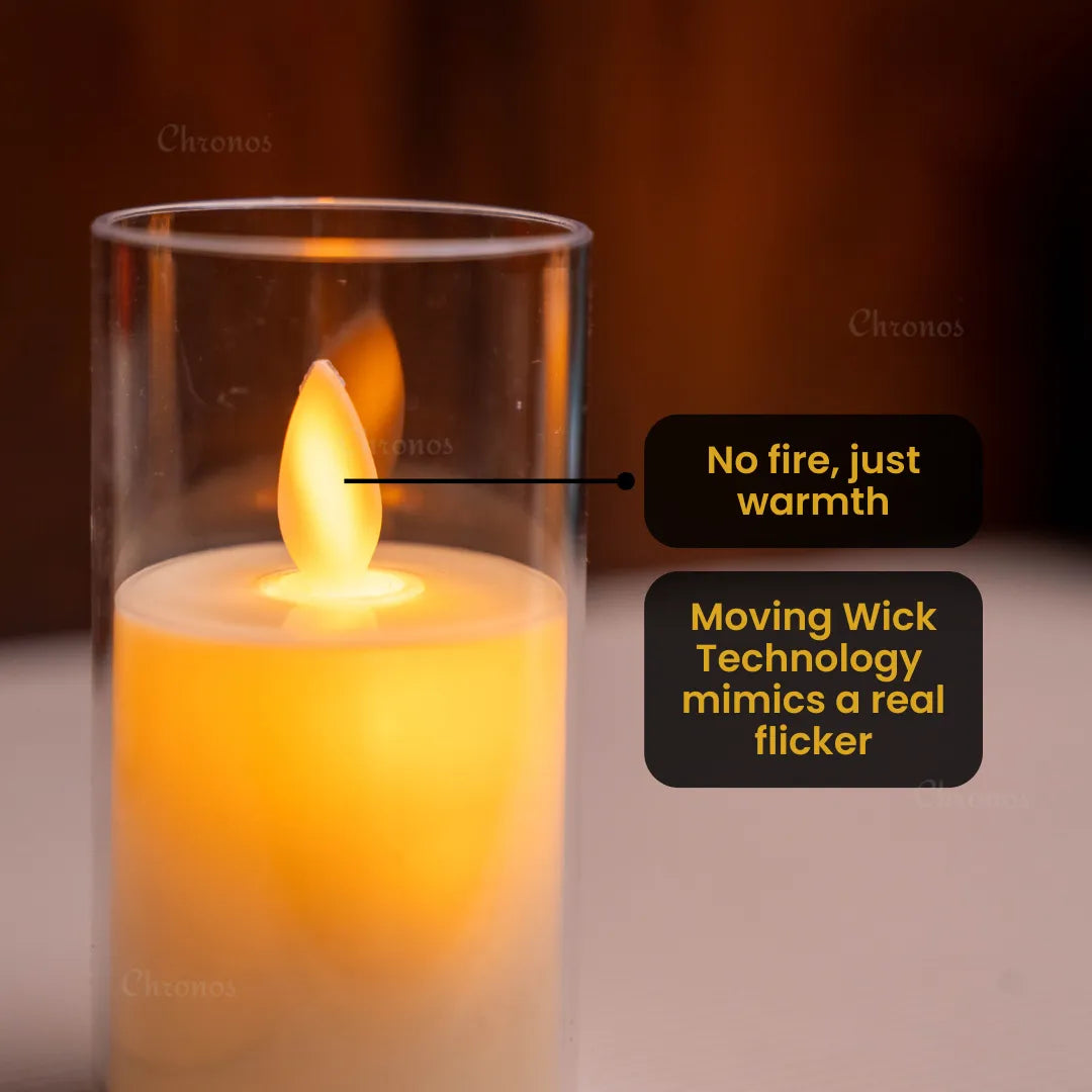 Flameless LED pillar candles with moving wick technology for realistic candlelight glow