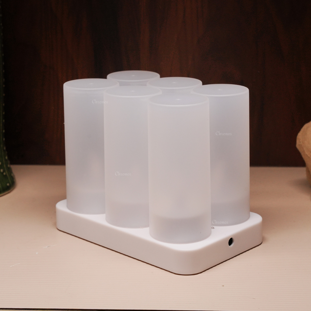 Flameless LED tea light candles with frosted holders for a warm, natural flickering glow.