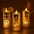Set of flameless LED pillar candles with Om, Swastik, and Devotion designs for puja and gifting
