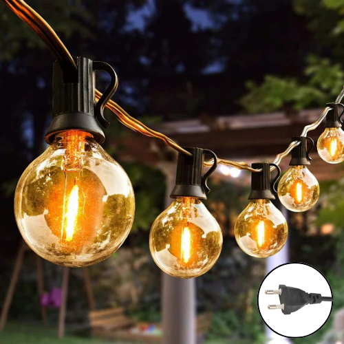 Weatherproof G40 LED Bulb String Lights, IP44 certified, perfect for balcony, wedding, and party illumination
