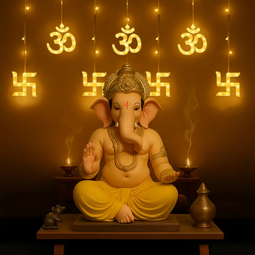 Decorative OM Swastik LED curtain lights for Ganesh Chaturthi puja mandap, entrance, and home décor