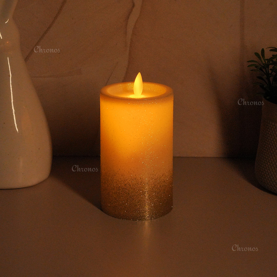 LED glitter candle shown in a family living room, safe for homes with children and pets thanks to flameless design.